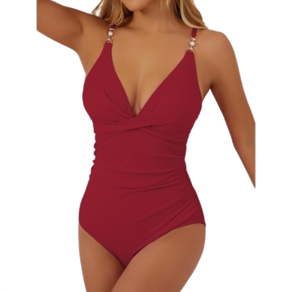 NWT Swimall Red Ribbed Tummy Control One Piece Bathing Suit Size Medium
